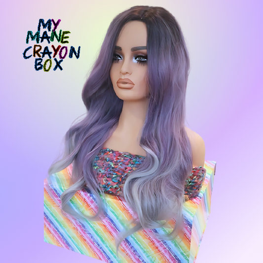 Purple ombre to Gray 26 inch Long Wavy Wig with Dark Roots - Side Part, Stunning and Sophisticated