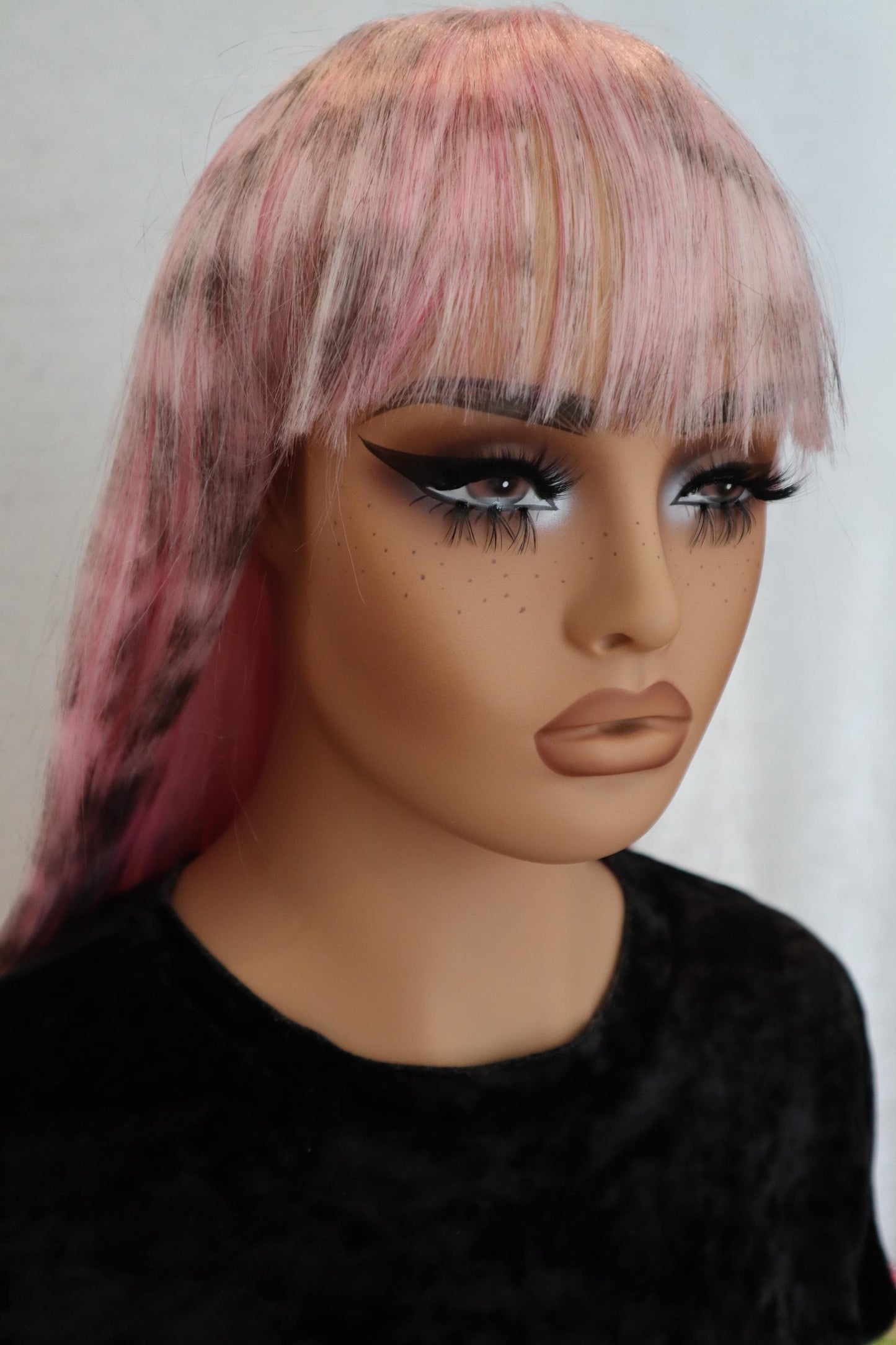 Pink Long Straight 30 inches Wig with Light Pink Streaks and Soft Cheetah Print – Light Bangs