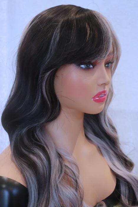 Sleek Black & Gray Highlights Split Wavy Wig with Bangs – 24" Long Two-Tone Elegance