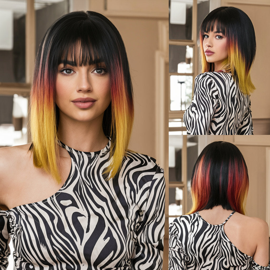 14" Straight Black Wig with Yellow and Red Highlights, Lowlights, and Bangs - Heat-Friendly Synthetic Wig, 150% Density