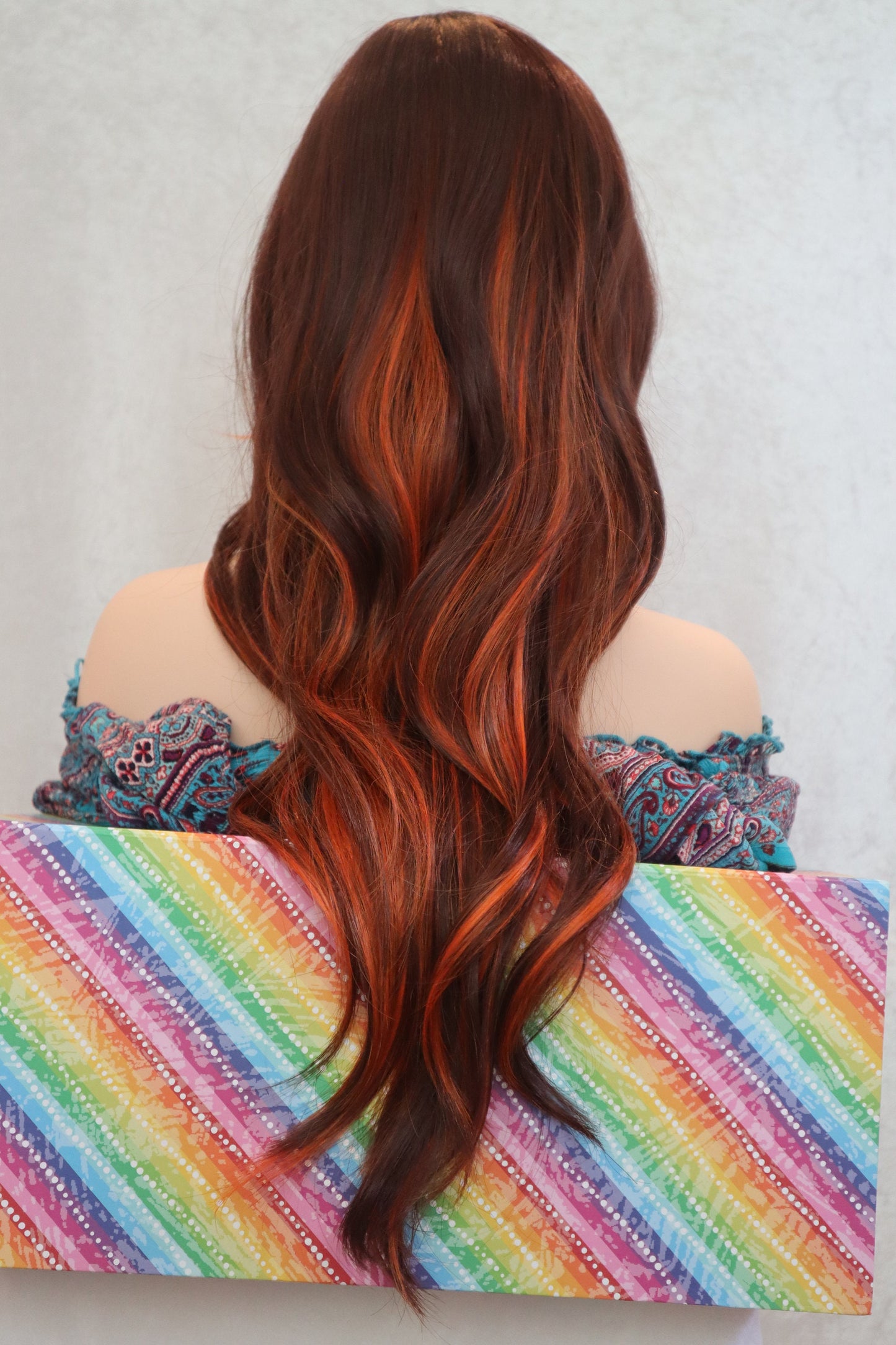 Orange Highlighted bangs straight and wavy copper brown wig