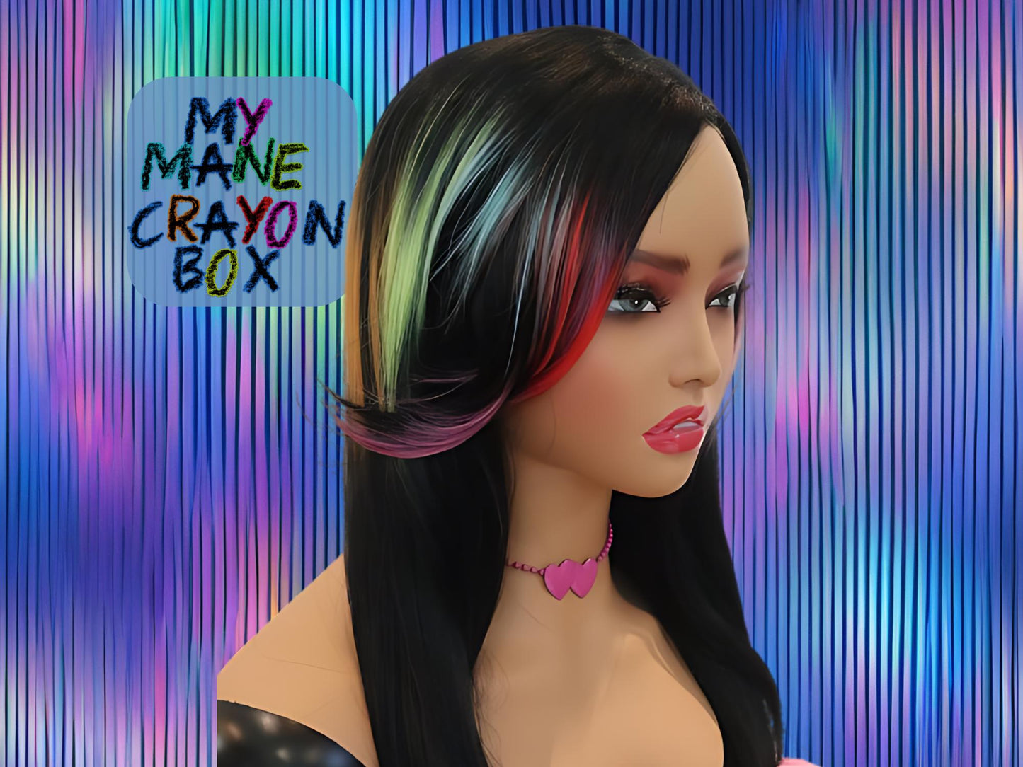 Long Straight Elegant Side Part Front Lace Wig with Rainbow Highlights and Face-Framing Rays