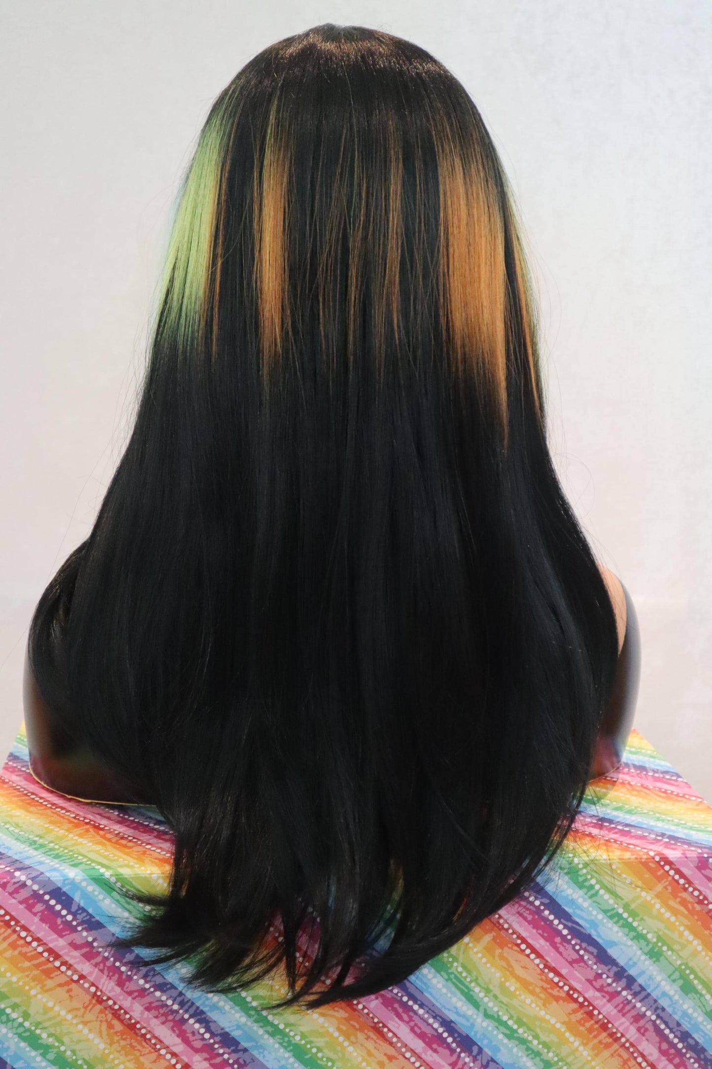 Long Straight Elegant Side Part Front Lace Wig with Rainbow Highlights and Face-Framing Rays