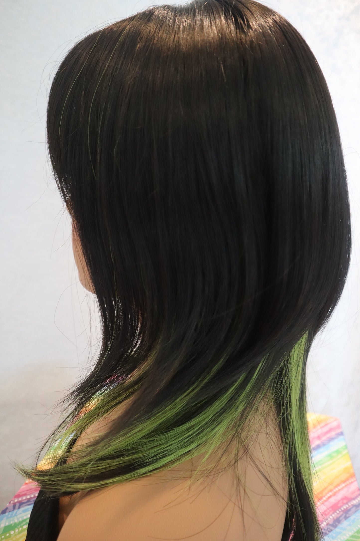 Layered Neon Green and Black Wig with Bangs - Edgy Synthetic 18-Inch Wig