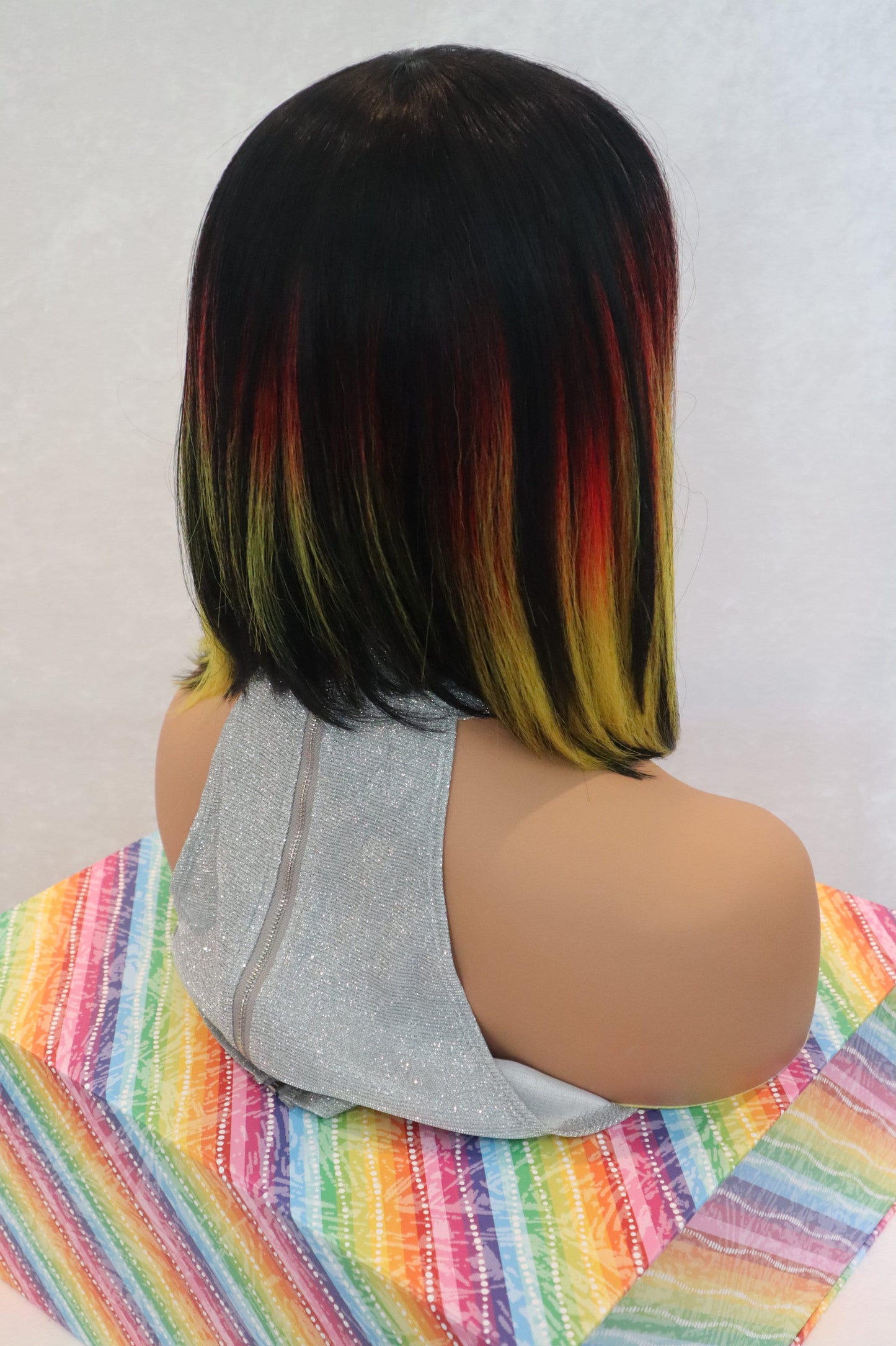 14" Straight Black Wig with Yellow and Red Highlights, Lowlights, and Bangs - Heat-Friendly Synthetic Wig, 150% Density