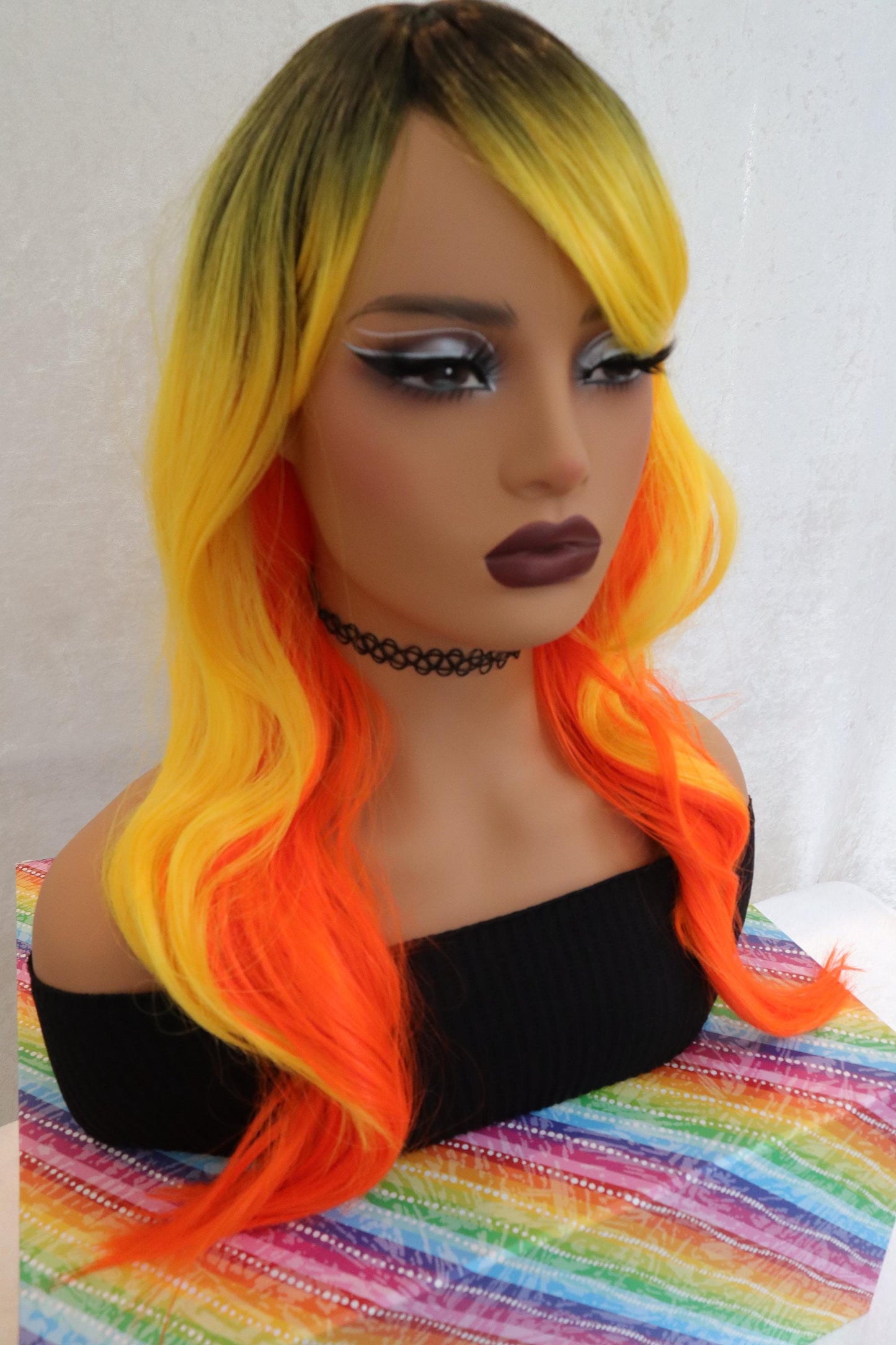 Candy Corn Wavy Wig with Orange, Yellow & Dark Roots + Bangs