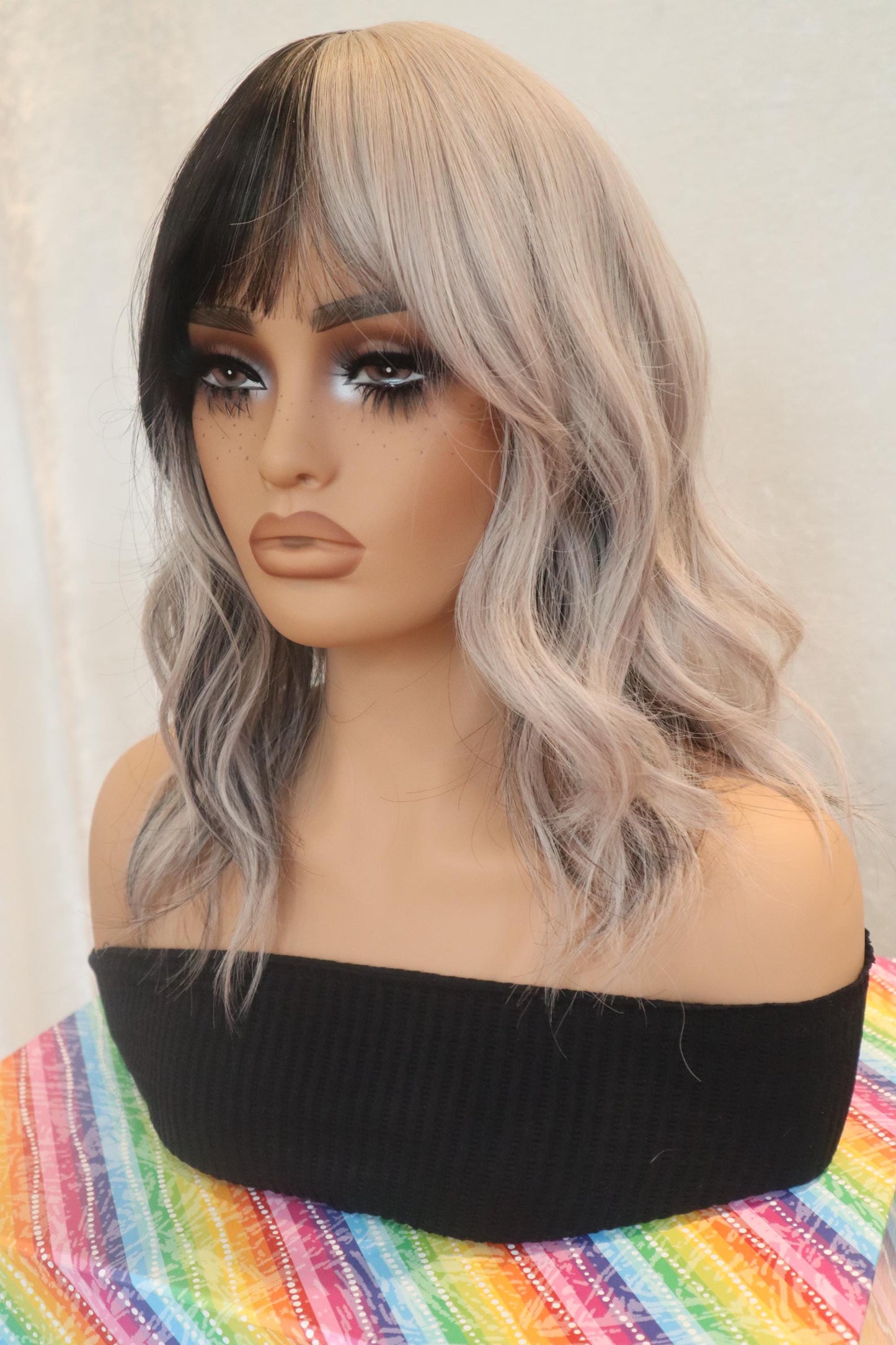 Edgy Black & Gray Half Fringe Wig | Wavy Shoulder-Length | Unique Two-Tone Style