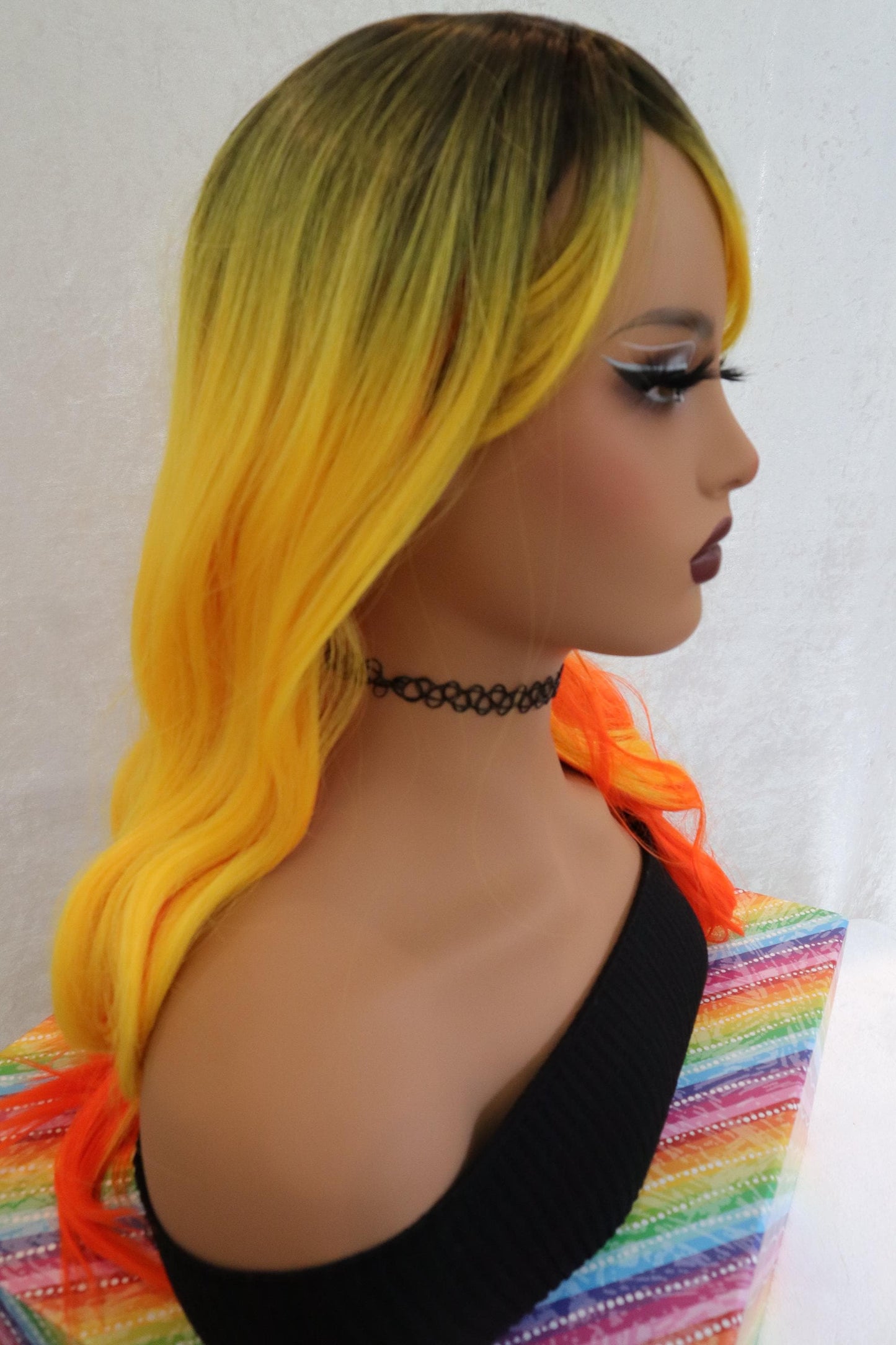 Candy Corn Wavy Wig with Orange, Yellow & Dark Roots + Bangs