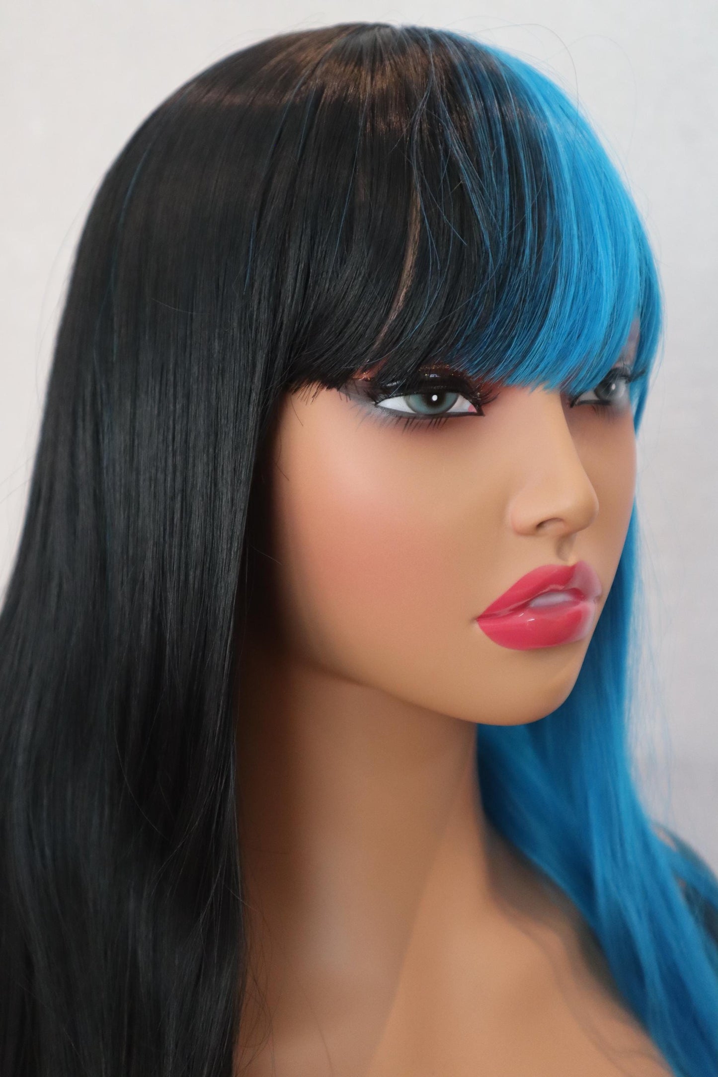 Half Neon Bright Blue & Half Jet Black Straight Wig with Half-Colored Bangs - 28" Cosplay Wig