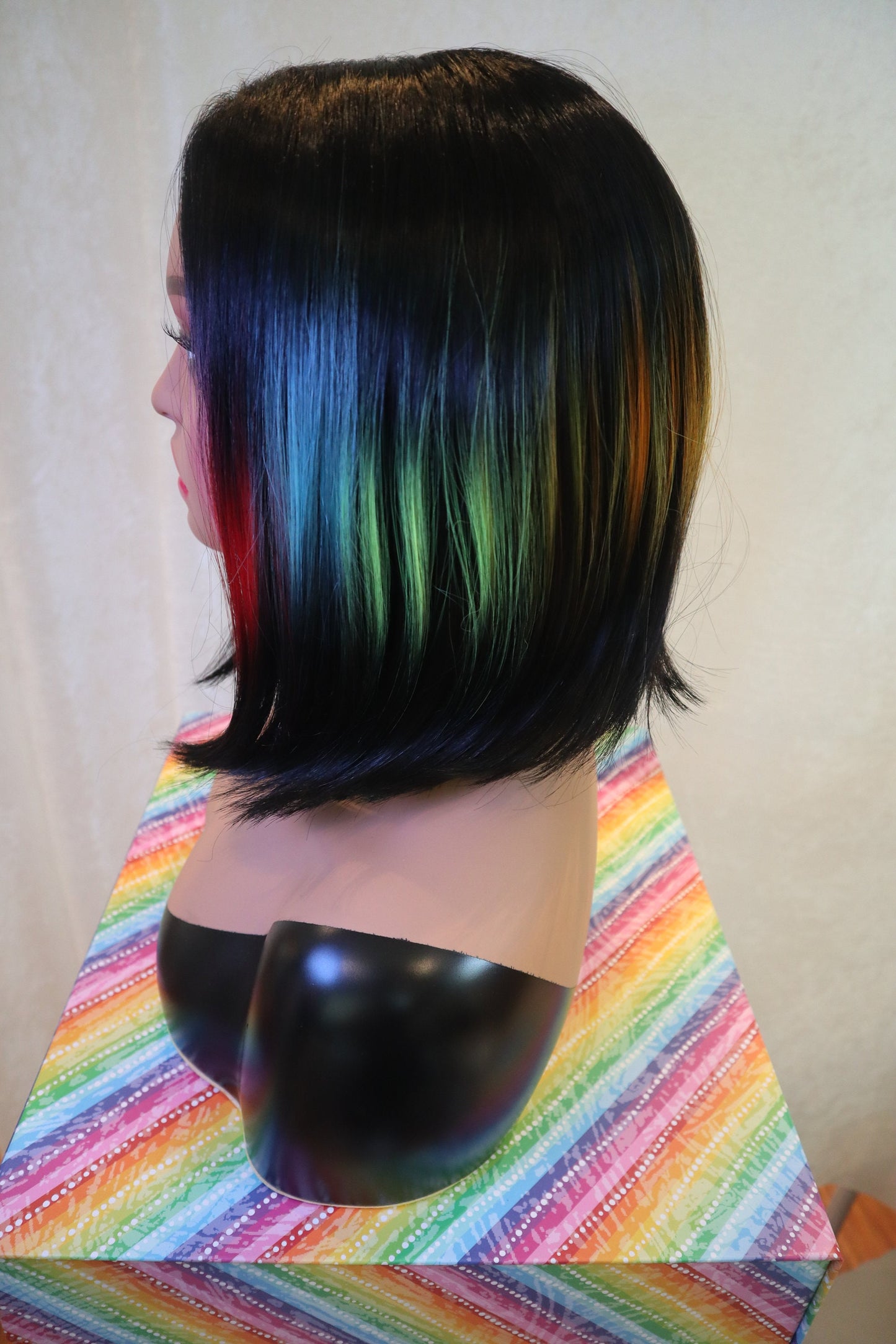 Rainbow Rays Highlights with black straight bob wig