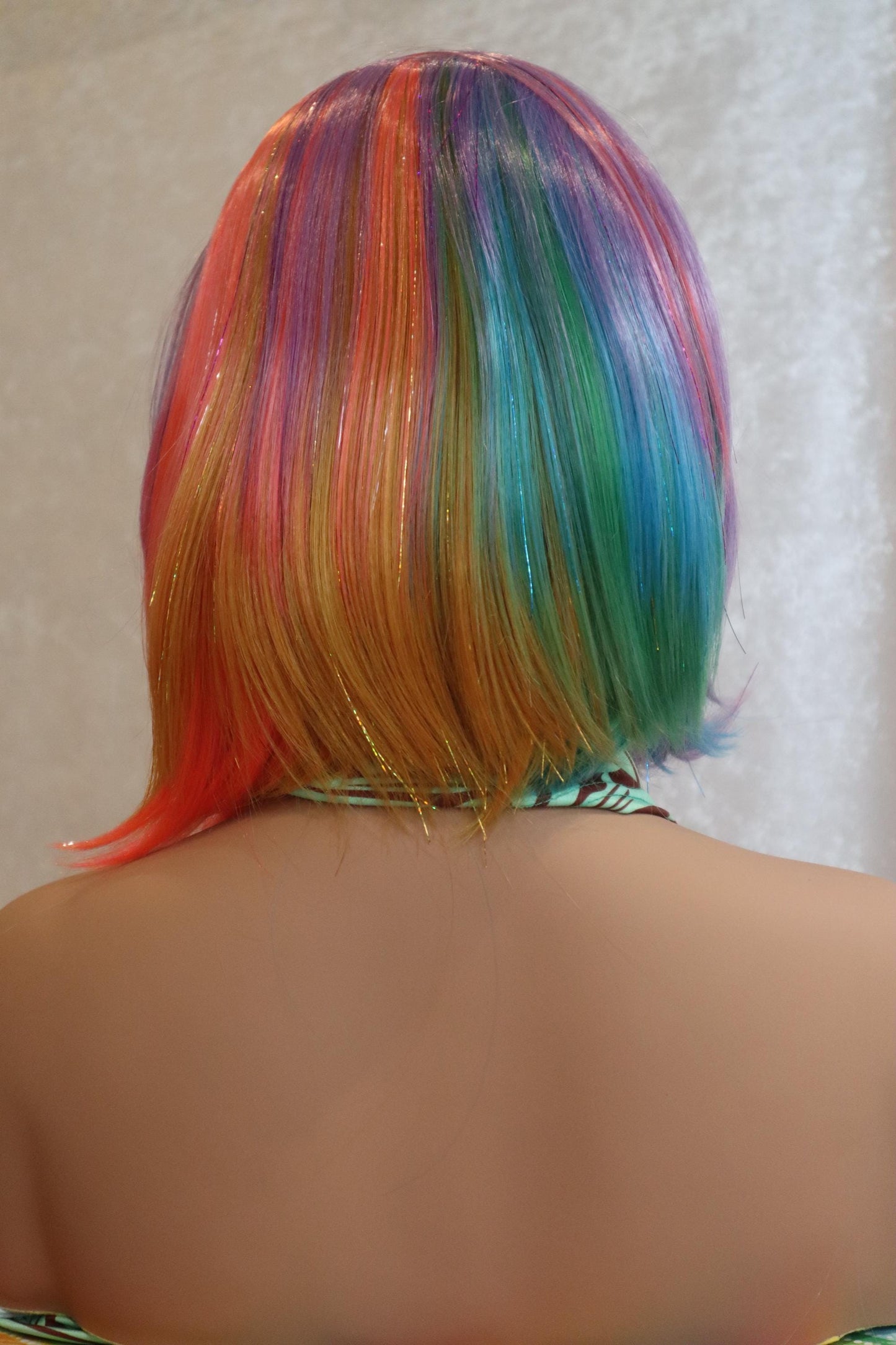 Rainbow Short Bob Front Lace Wig with Tinsel Locks – Unicorn Fantasy Hair for Parties