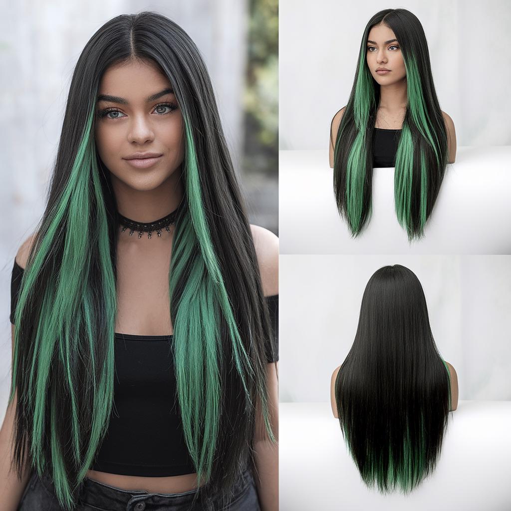 Emerald Envy 26-Inch Straight Curtain Wig in Black with Emerald Green Highlights | Modern & Sophisticated Synthetic Hair