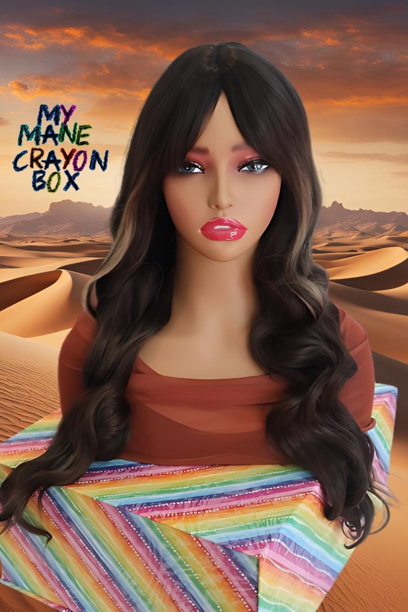 Natural Dark Brown Wavy Wig with Blonde Highlights and Soft Light Bangs