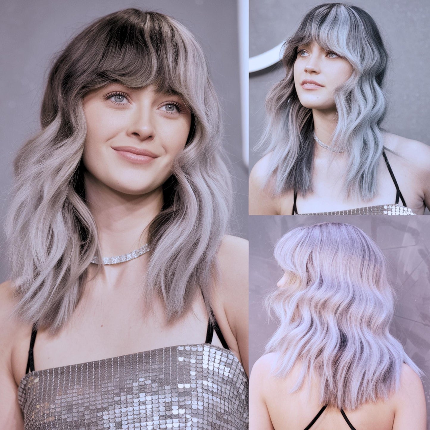 Edgy Black & Gray Half Fringe Wig | Wavy Shoulder-Length | Unique Two-Tone Style