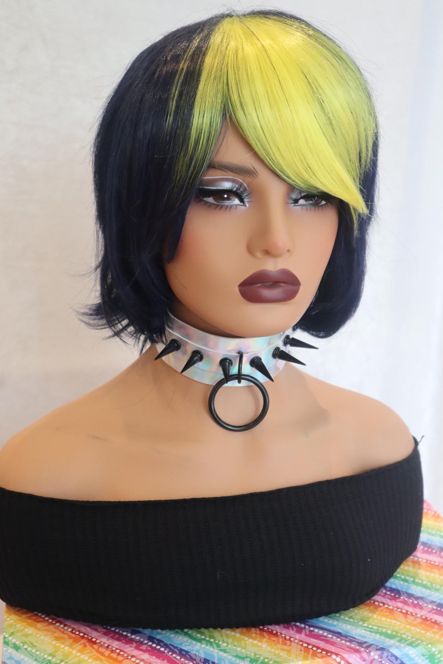 Punk Edgy Short Bob Navy Dark Blue Wig with Vibrant Yellow Bangs