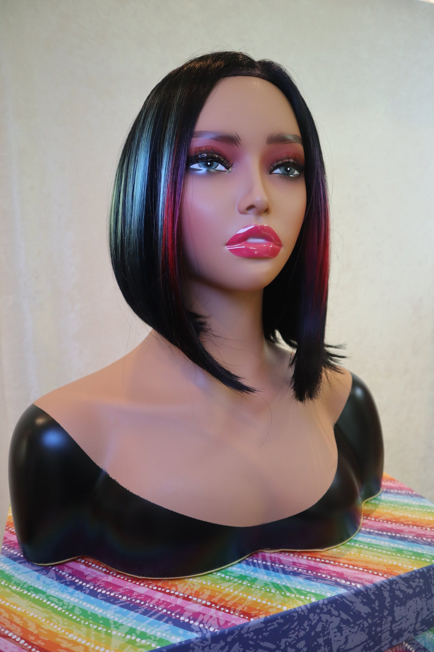 Rainbow Rays Highlights with black straight bob wig