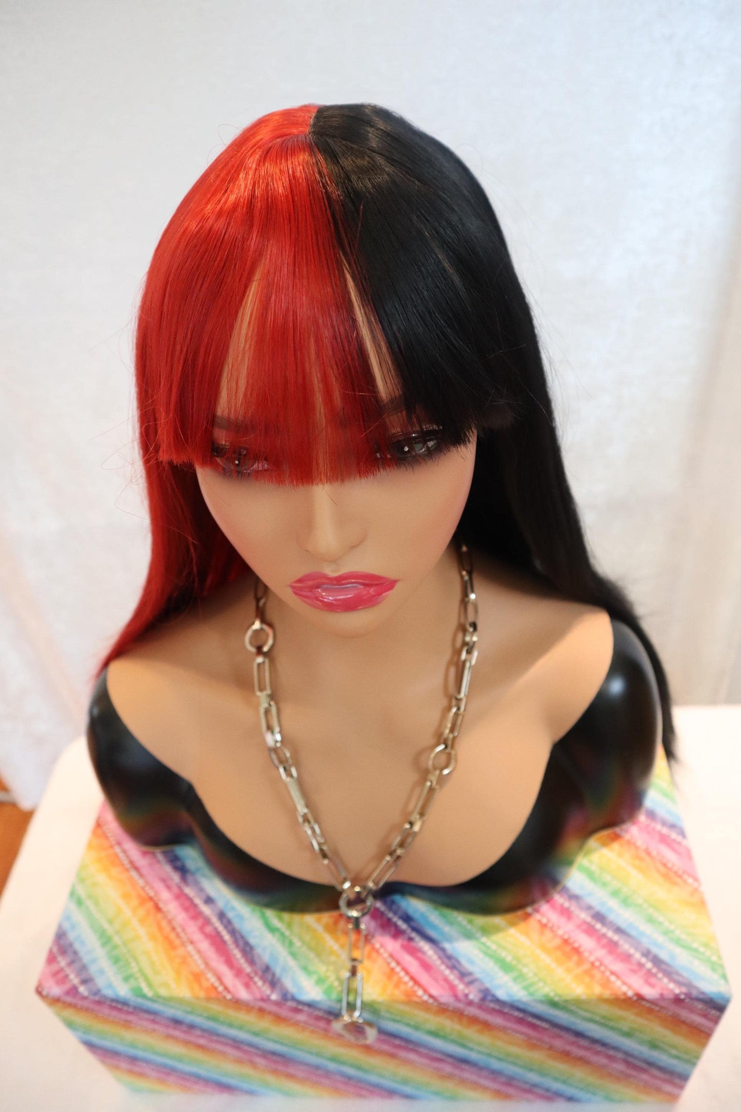 Half Red Half Jet Black Long Straight Wig – 24" Lightweight Synthetic