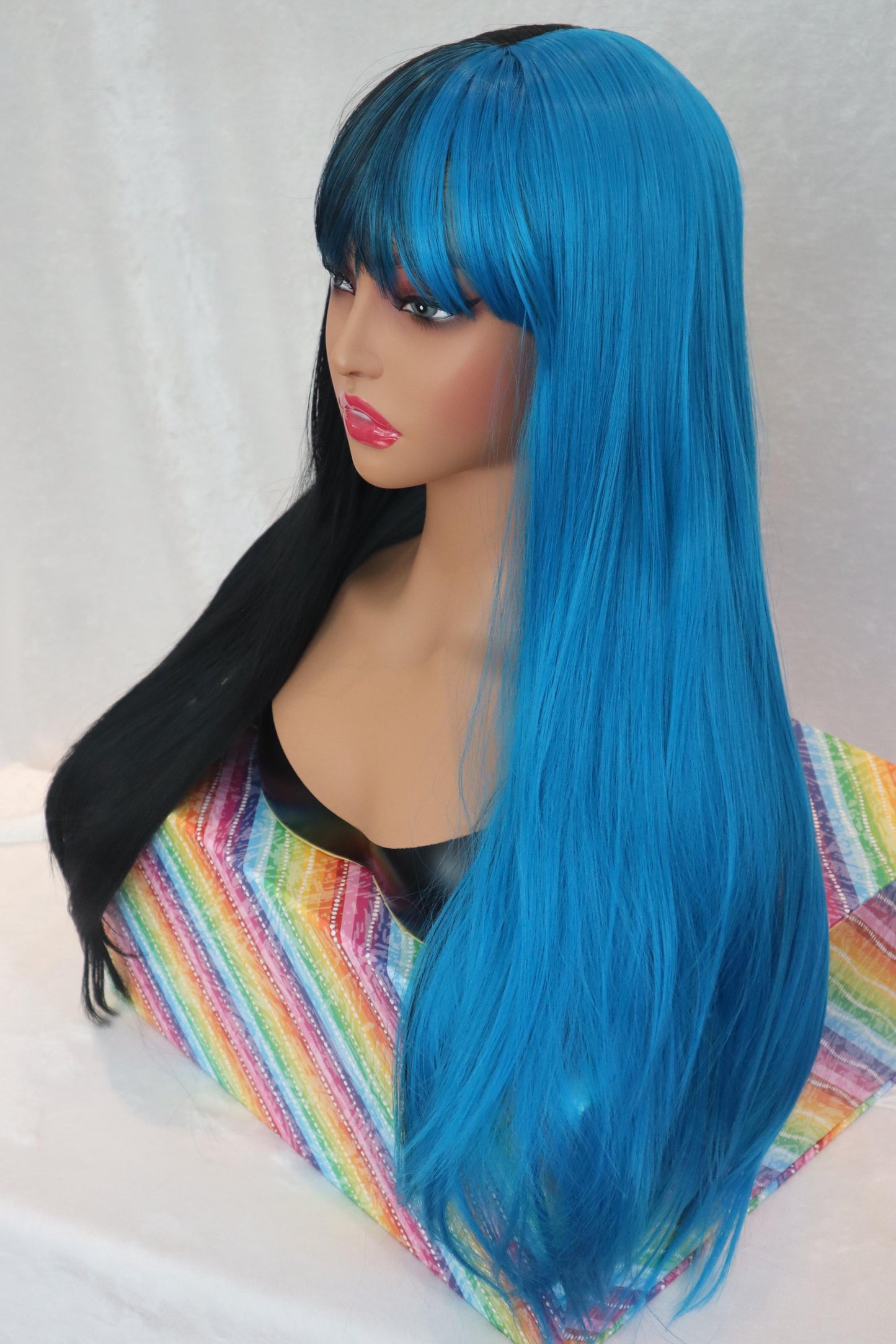 Half Neon Bright Blue & Half Jet Black Straight Wig with Half-Colored Bangs - 28" Cosplay Wig