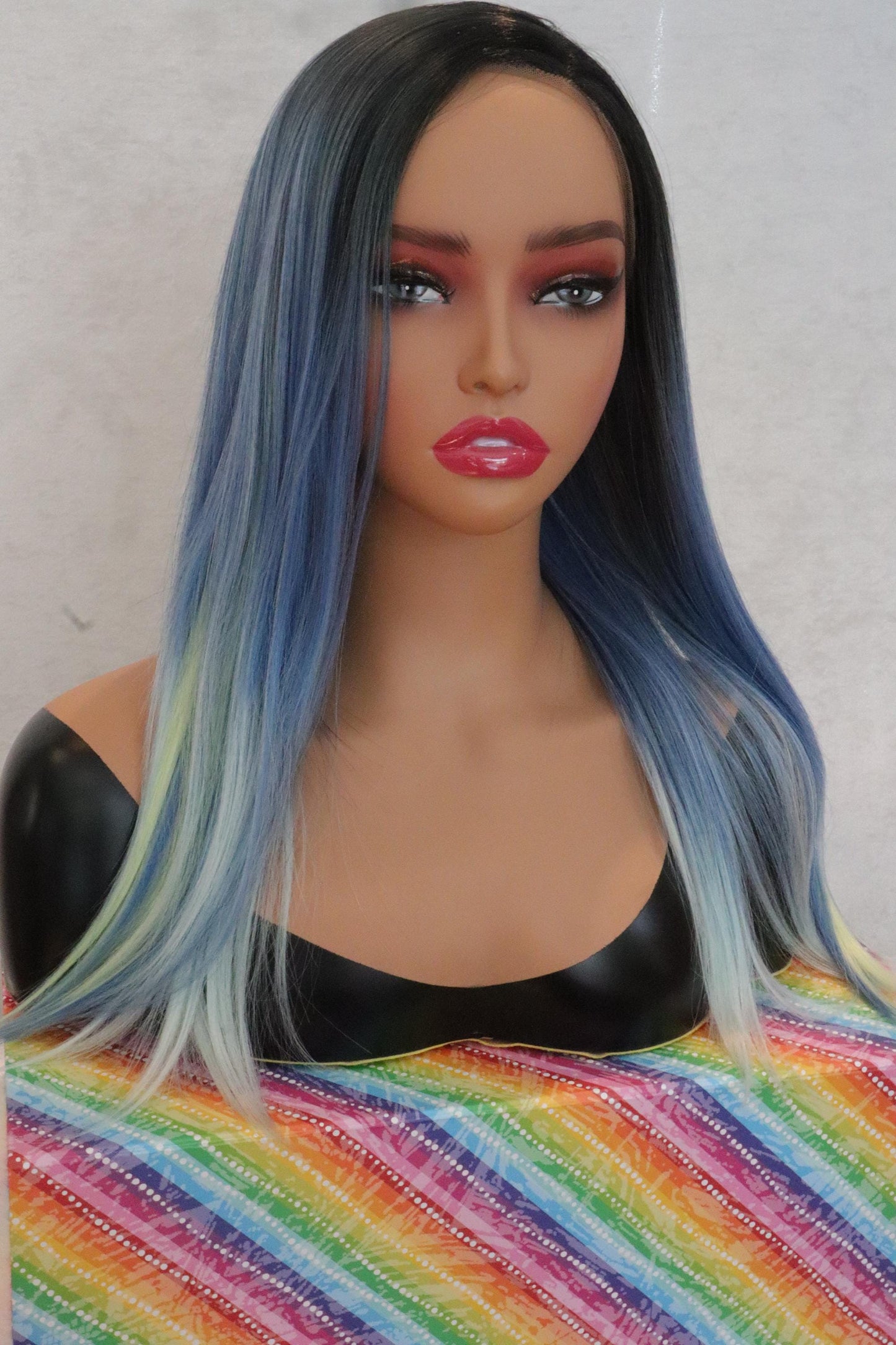 18 Inch Blue Ombre Lace Front Wig with Mint Green Tips, Dark Roots, Layered Straight Synthetic Wig for Cosplay, Fashion, and Everyday Wear