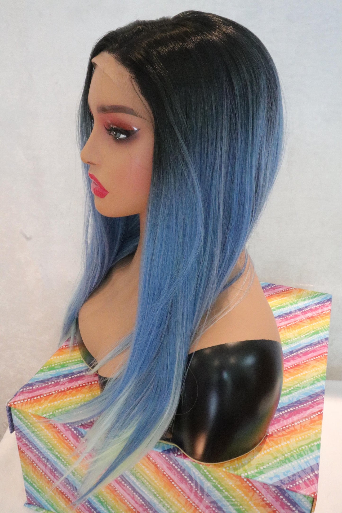 18 Inch Blue Ombre Lace Front Wig with Mint Green Tips, Dark Roots, Layered Straight Synthetic Wig for Cosplay, Fashion, and Everyday Wear