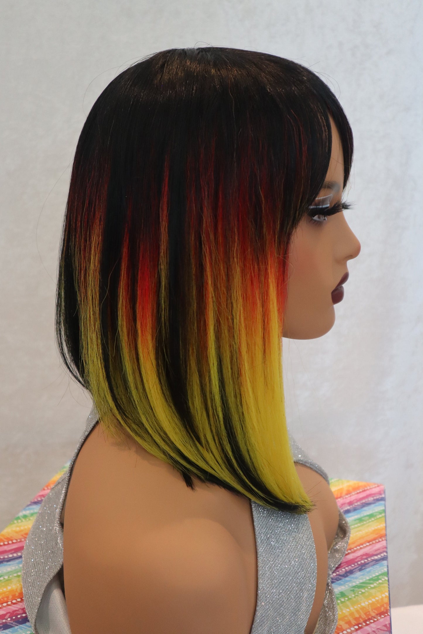 14" Straight Black Wig with Yellow and Red Highlights, Lowlights, and Bangs - Heat-Friendly Synthetic Wig, 150% Density