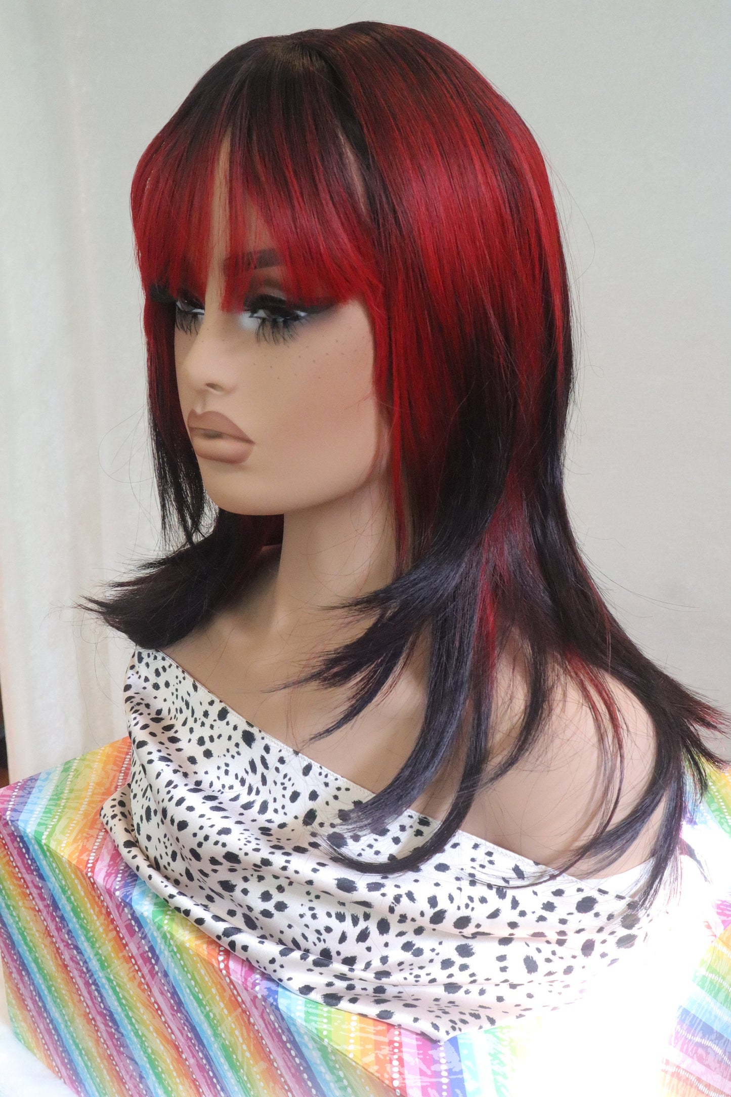 Bangs Vibrant Red to Black Ombré Long 24" Straight High Temperature Synthetic Fiber High quality Wig