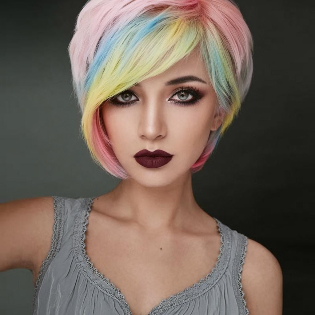 Pastel Dream Short Wig | Pink Wig with Multi-Color Bangs | Colorful Fantasy Look