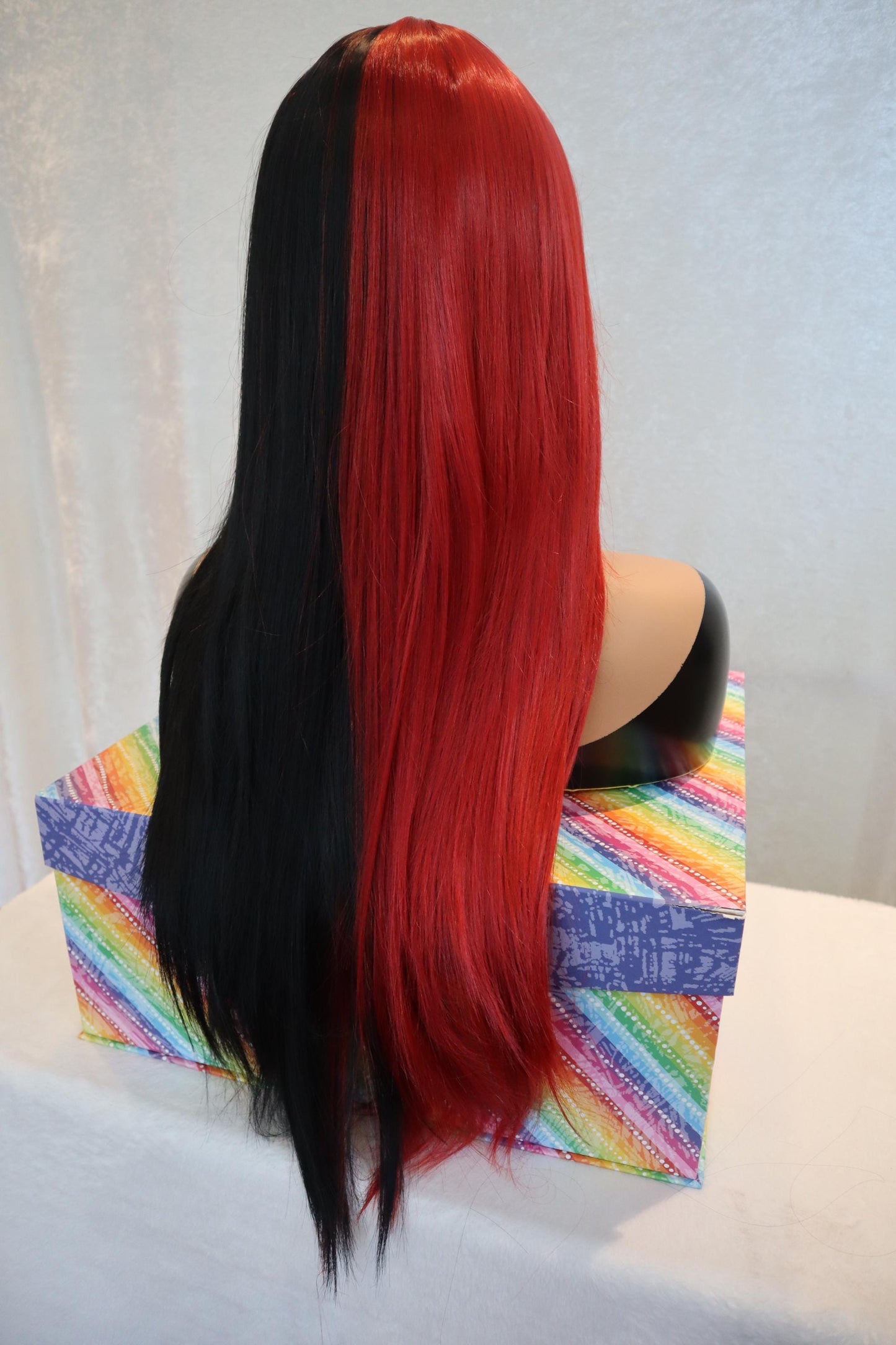 Half Red Half Jet Black Long Straight Wig – 24" Lightweight Synthetic