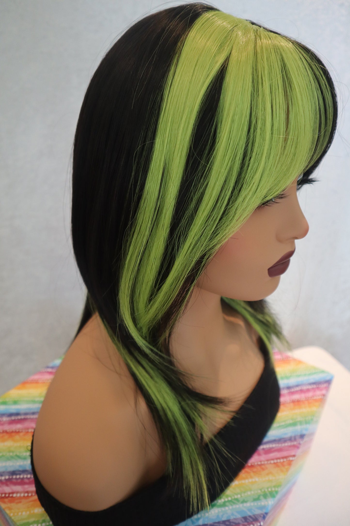 Layered Neon Green and Black Wig with Bangs - Edgy Synthetic 18-Inch Wig