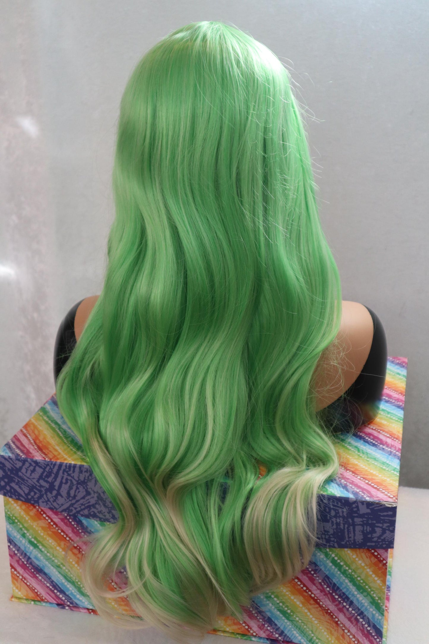 Neon Green Long Wavy Wig with Blonde Highlights and Bangs – 26 Inches of Bold Style!