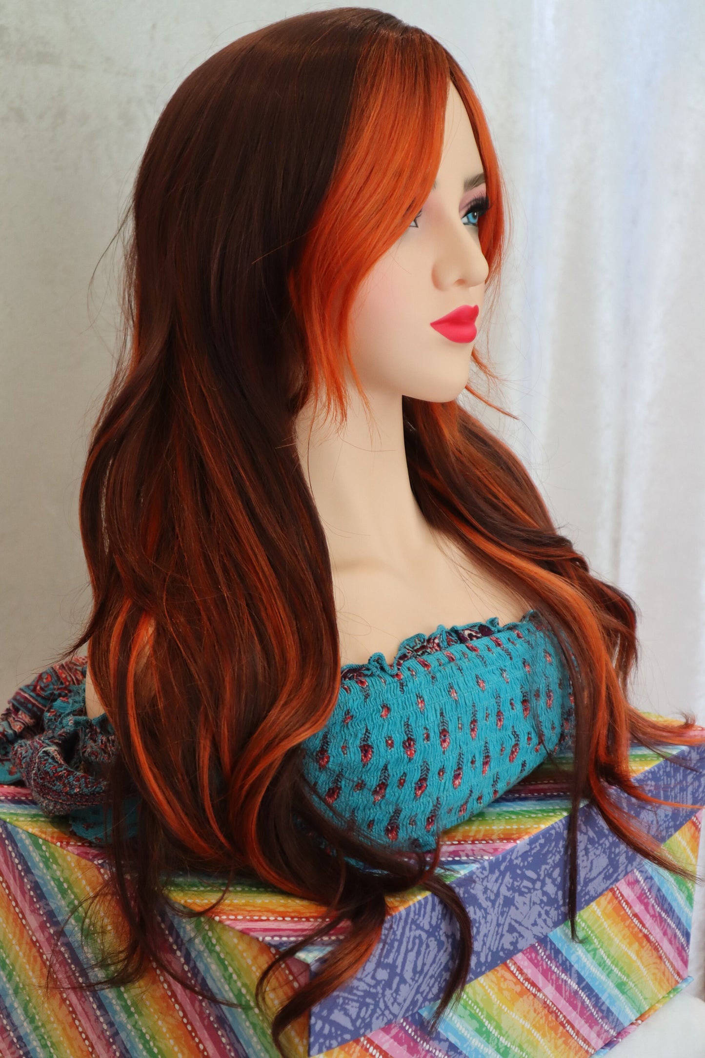 Orange Highlighted bangs straight and wavy copper brown wig