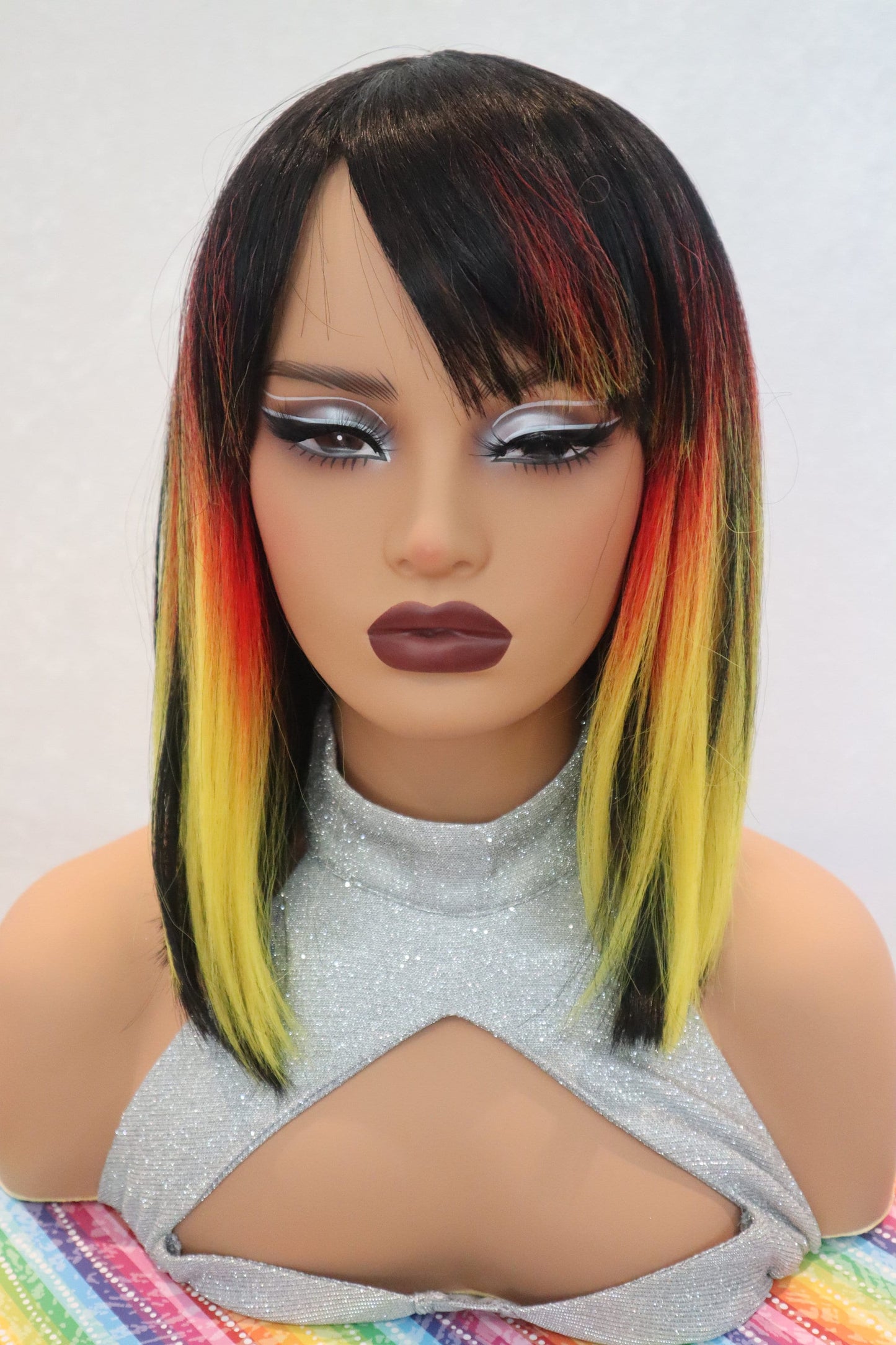 14" Straight Black Wig with Yellow and Red Highlights, Lowlights, and Bangs - Heat-Friendly Synthetic Wig, 150% Density