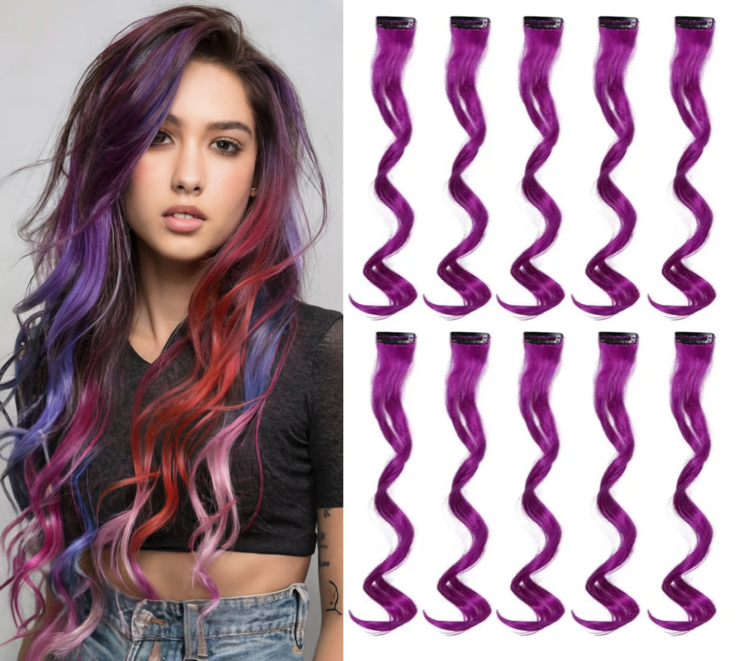 Set of 10 pieces 22 inches Purple, Pink, Green, Purple, Blue White Clip Ons Color Splash Wavy Hair Extensions Dress Up Cosplay