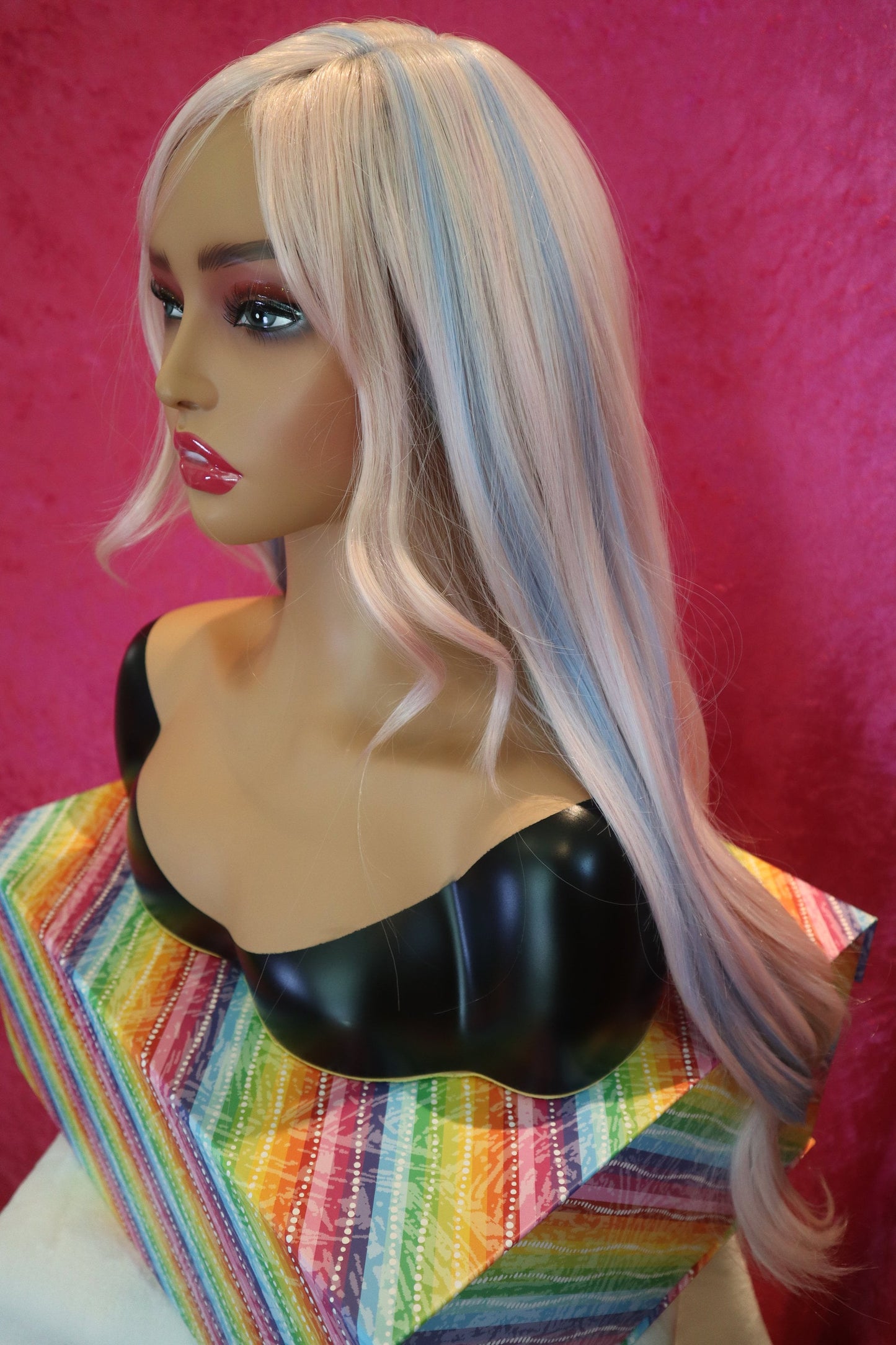 Platinum Blonde Rose Gold Baby Blue Mint Highlighted Straight and Wavy long Wig