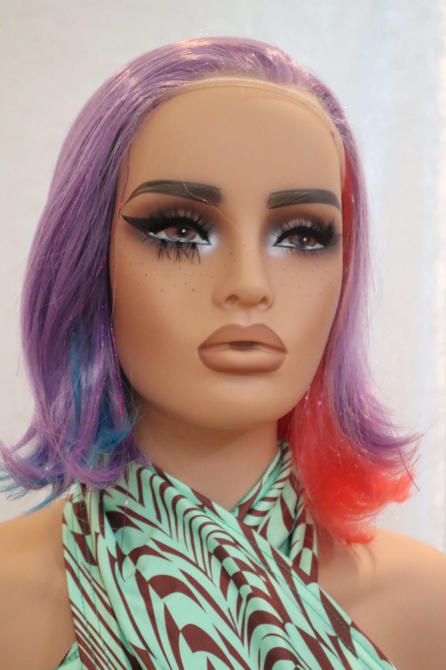 Rainbow Short Bob Front Lace Wig with Tinsel Locks – Unicorn Fantasy Hair for Parties