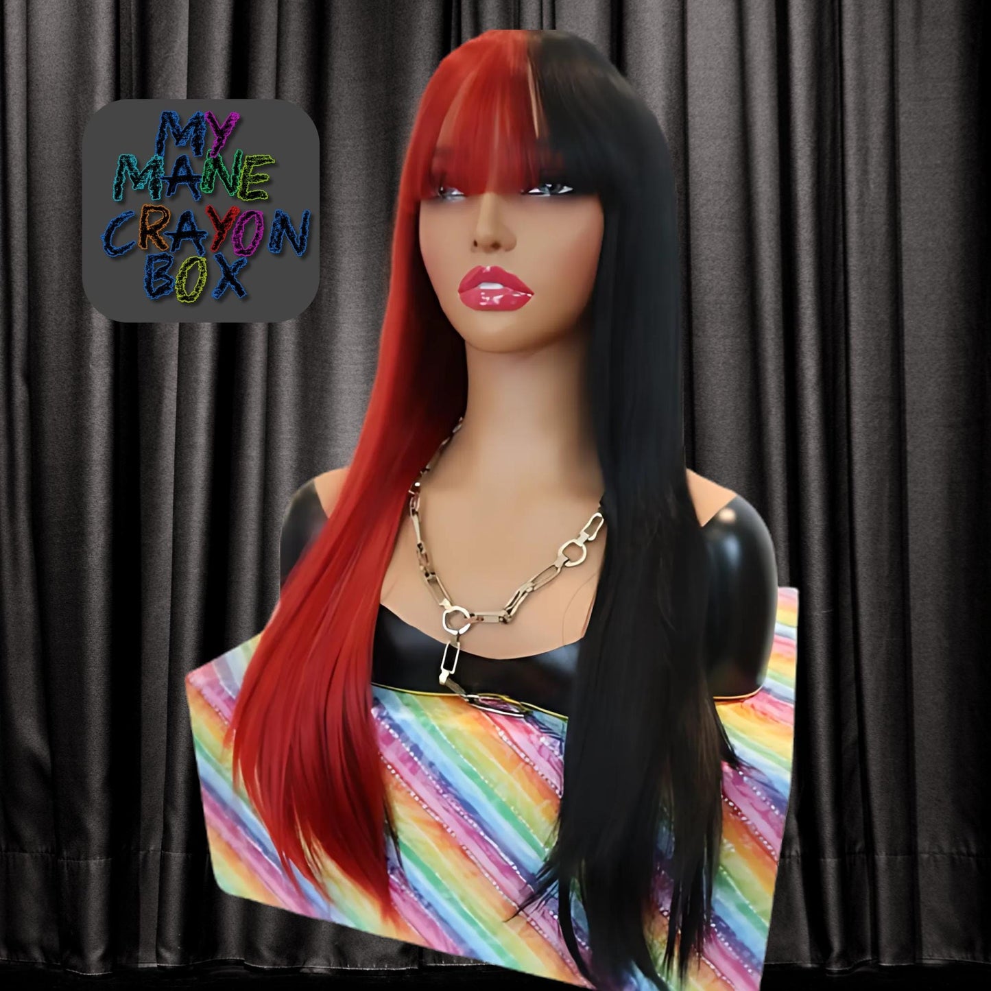 Half Red Half Jet Black Long Straight Wig – 24" Lightweight Synthetic