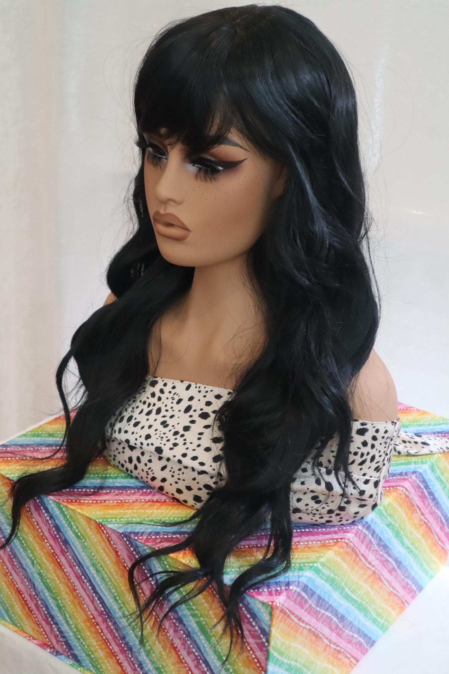 Easy to Style Long Jet Black Wig with Bangs and Natural Skin Top Parting