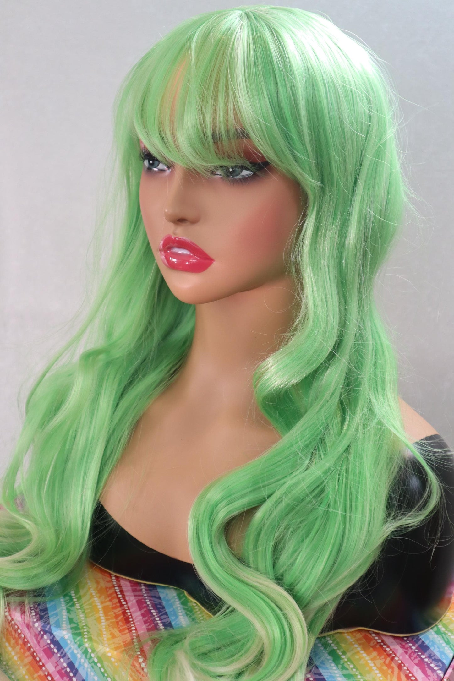 Neon Green Long Wavy Wig with Blonde Highlights and Bangs – 26 Inches of Bold Style!