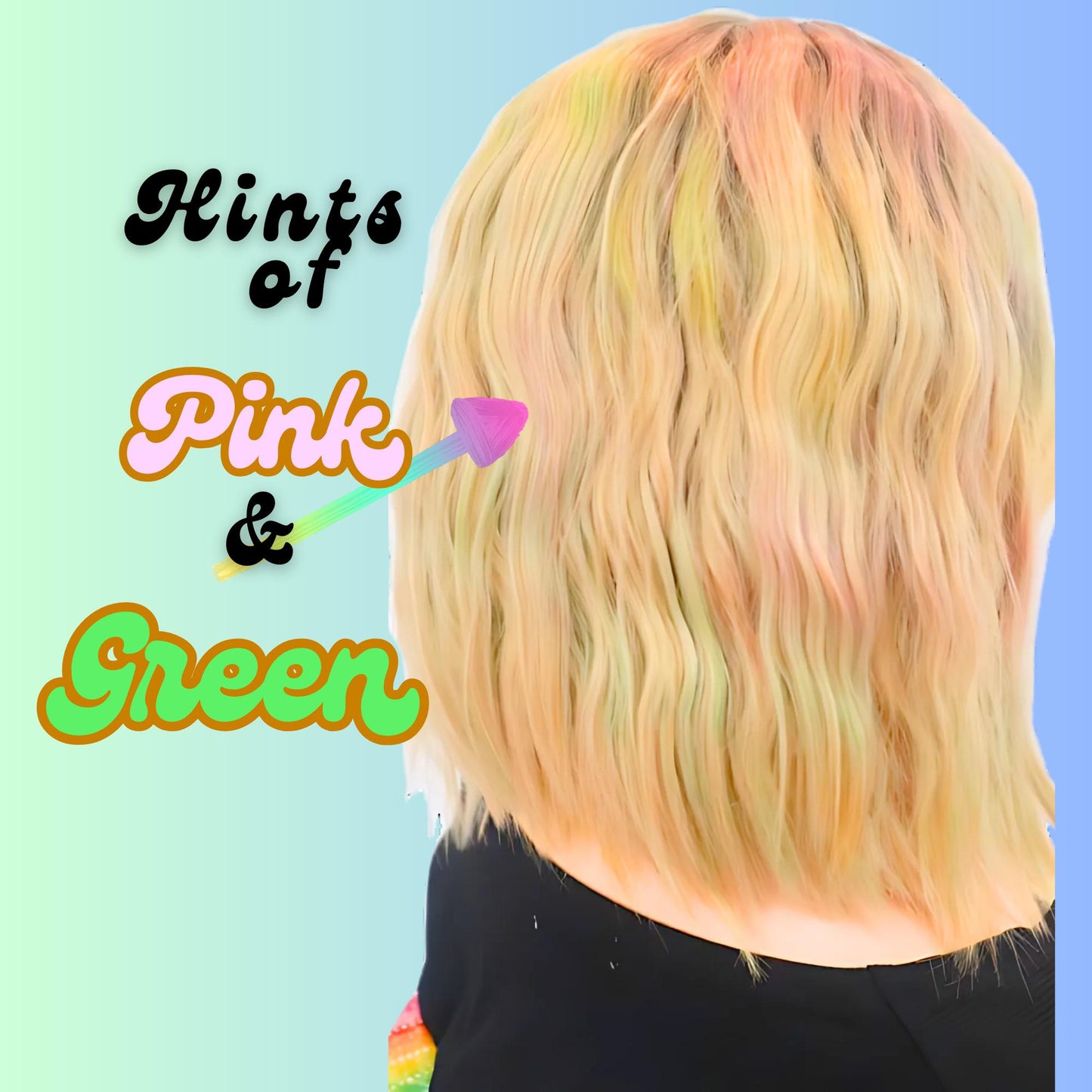 Blonde Wavy Wig with Pink & Green Hues Sprinkles – Shoulder Length, Glueless Lace Front with Natural Brown Part