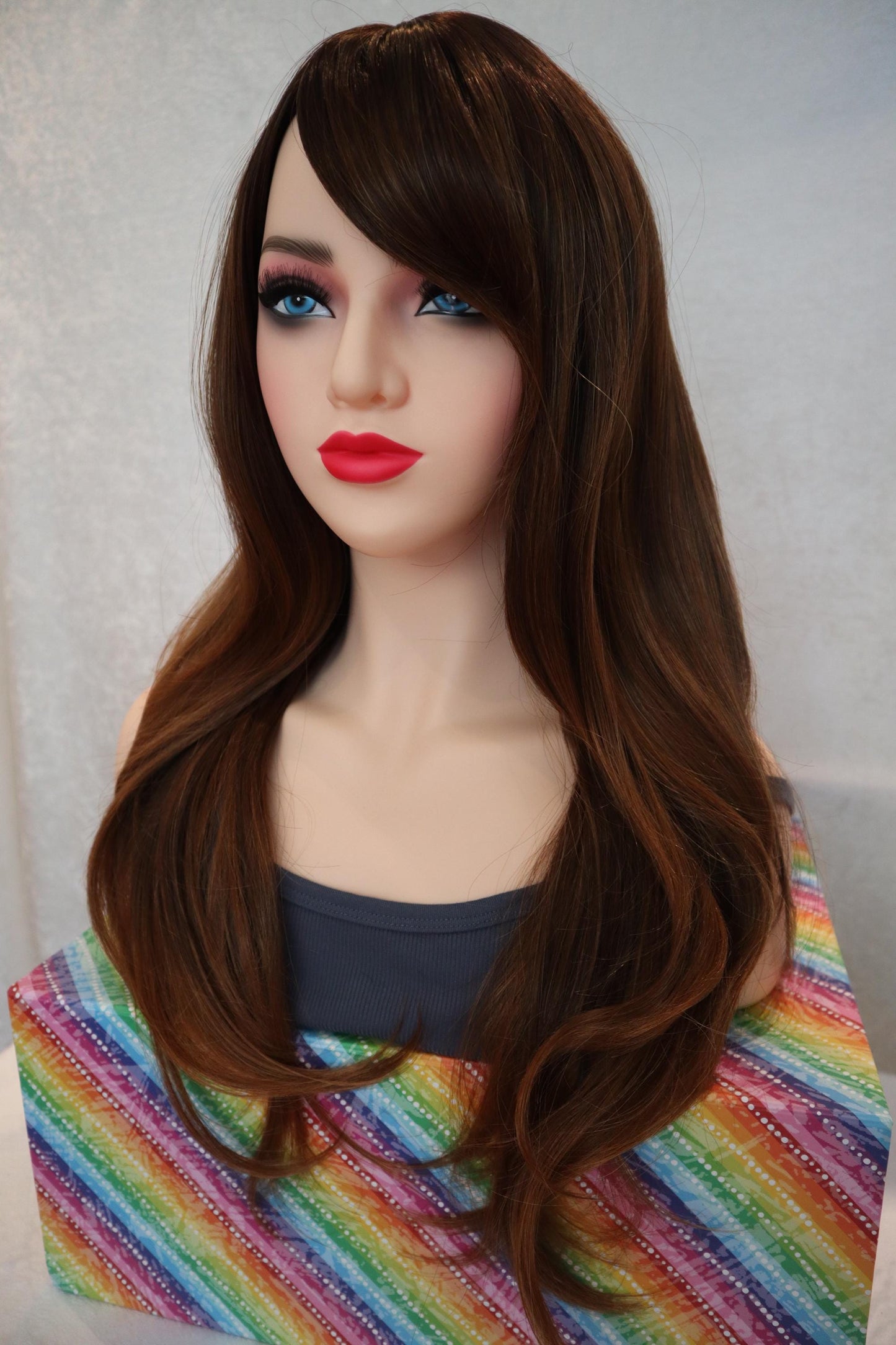 Natural Looking Long 24 inches Brown Soft Synthetic Everyday Casual wear Wig with Bangs – Realistic Skin Top Parting