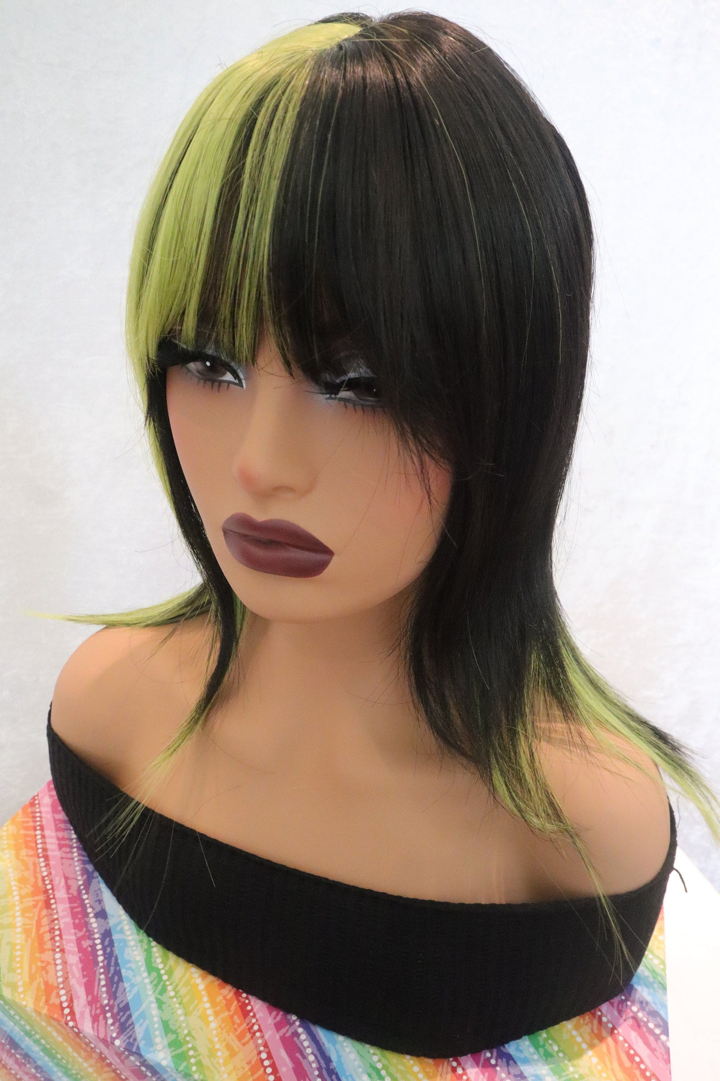 Layered Neon Green and Black Wig with Bangs - Edgy Synthetic 18-Inch Wig