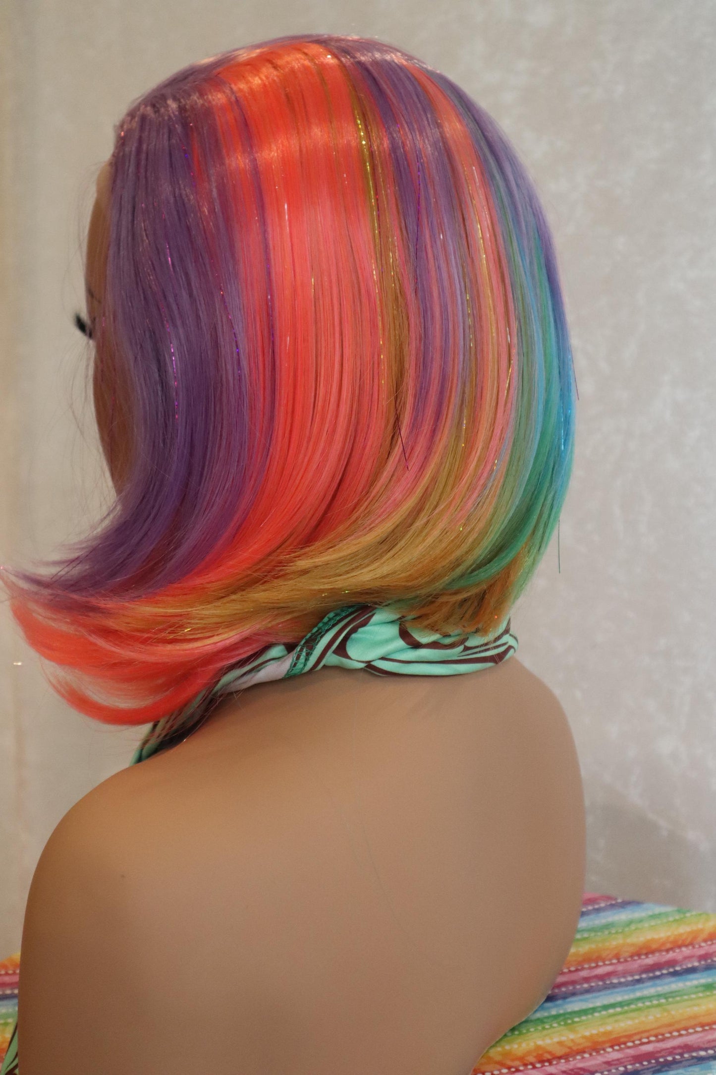 Rainbow Short Bob Front Lace Wig with Tinsel Locks – Unicorn Fantasy Hair for Parties
