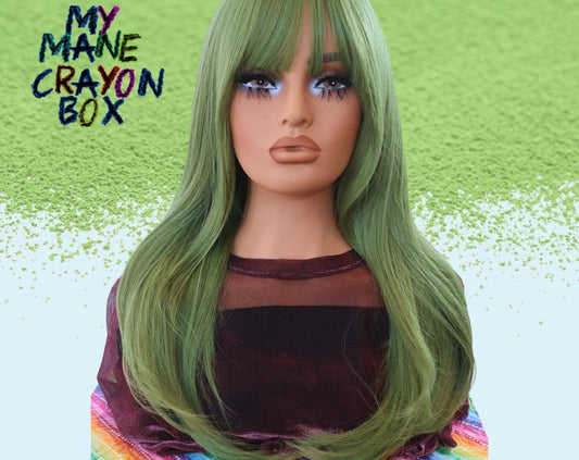 Thick Retro Green Matcha Wig with Bold Bangs | High-Quality, Easy Brush, 24-Inch Layered Style