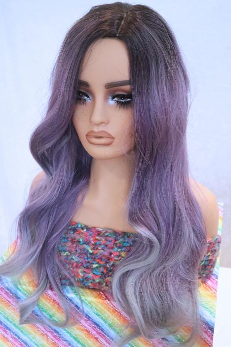 Purple ombre to Gray 26 inch Long Wavy Wig with Dark Roots - Side Part, Stunning and Sophisticated