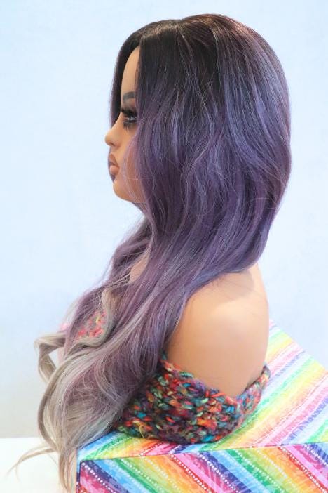 Purple ombre to Gray 26 inch Long Wavy Wig with Dark Roots - Side Part, Stunning and Sophisticated