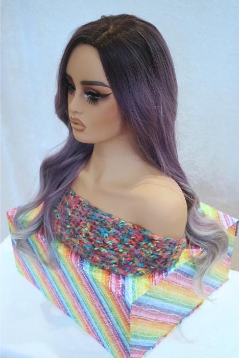 Purple ombre to Gray 26 inch Long Wavy Wig with Dark Roots - Side Part, Stunning and Sophisticated