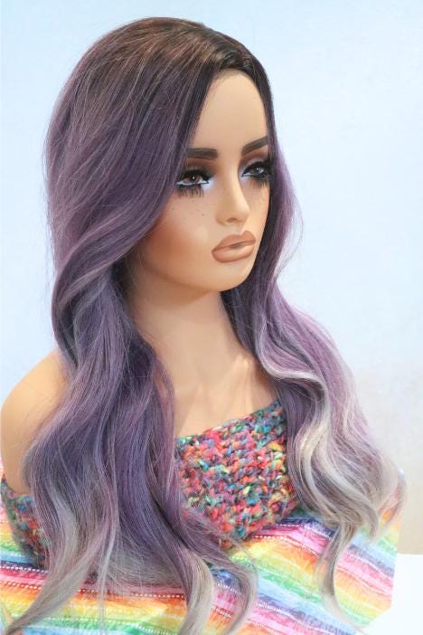 Purple ombre to Gray 26 inch Long Wavy Wig with Dark Roots - Side Part, Stunning and Sophisticated