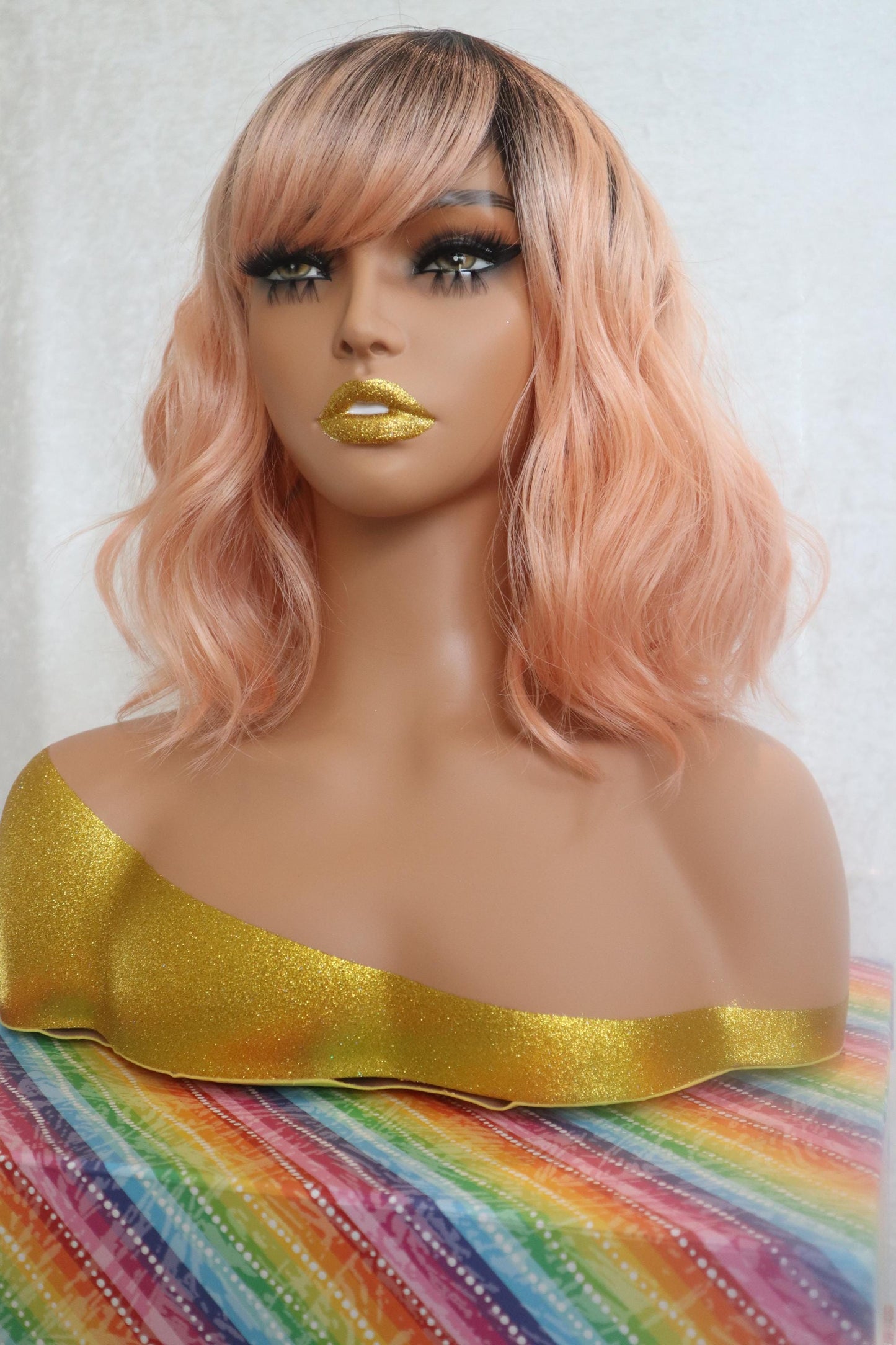 Peach Bliss 12" Wavy Wig with Dark Roots and Bangs - Fun & Vibrant for Cosplay and Everyday Glam