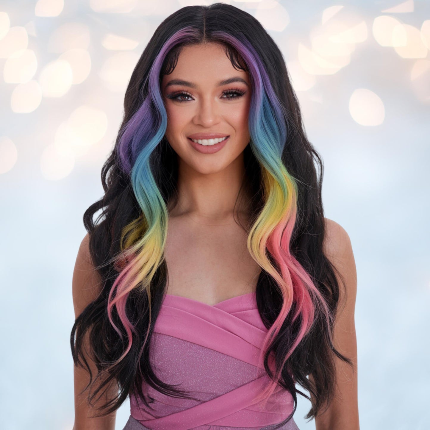 Vibrant Prism Rainbow Face-Framing Highlights 24 inches Wavy Black Lace Front Wig – Stand Out with Colorful Elegance