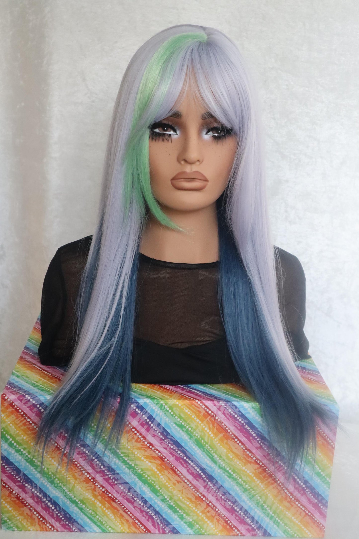 Gray to Blue Layered Straight Curtain 26 inch Wig with Green-Tinted Bangs – Standout Colorful Edgy